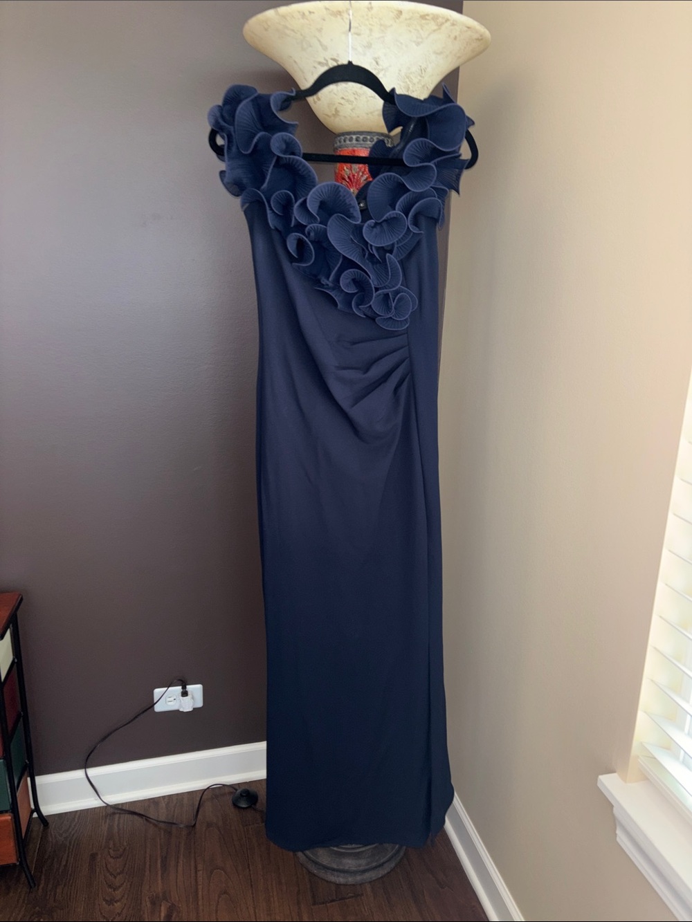 Xscape Navy Ruffled Off the Shoulders Maxi Gown - Picture 2 of 14